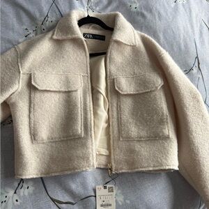 Zara Cream Teddy Jacket Cozy Cropped Style